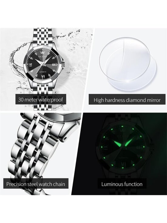 Women\'s Black Silver Automatic Luxury Ceramic Strap Self Winding Wrist Watch main image 5